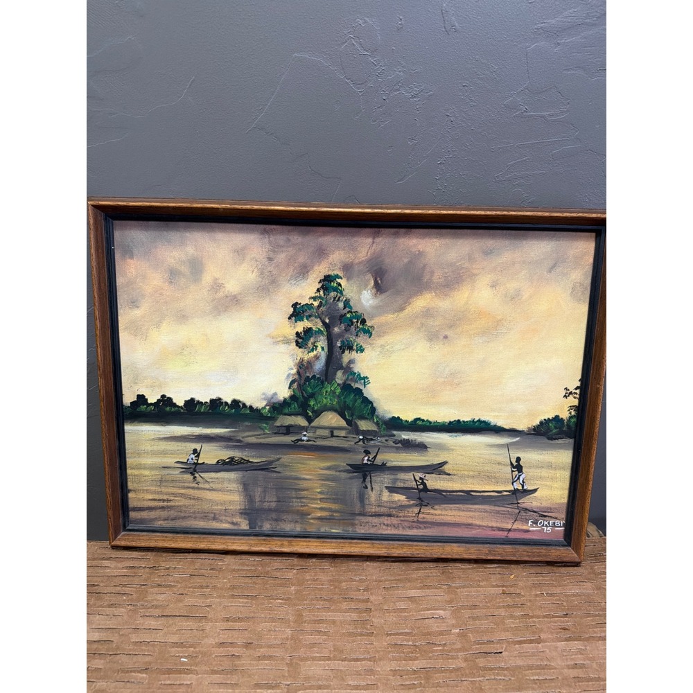 Vintage 1975 Mid-Century Nigerian School Oil Painting by F. Okebiyi Framed